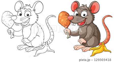 Cartoon Rat Holding Chicken Drumstick and Banana Peel 129303418