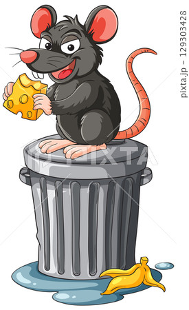 Cartoon Rat Eating Cheese on Trash Can Illustration 129303428