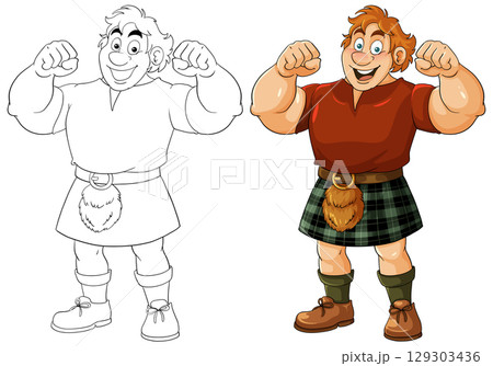 Smiling Cartoon Man in Kilt Flexing Arms 129303436