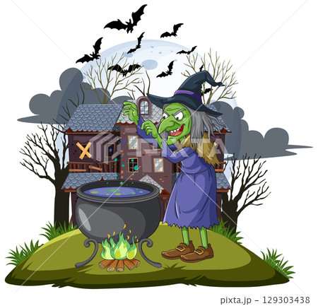 Green Witch Stirring Cauldron Outside Haunted House 129303438