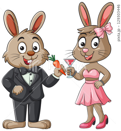 Cartoon Rabbits Dressed for a Fancy Party Toast 129303446