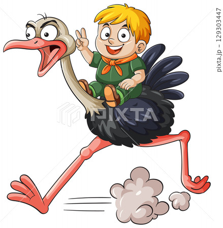 Smiling Boy Riding Fast-Running Ostrich Cartoon 129303447