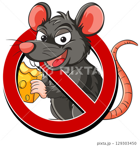 Cartoon Rat With Cheese Behind Prohibition Symbol Cartoon Rat With Cheese Behind Prohibition Symbol 129303450
