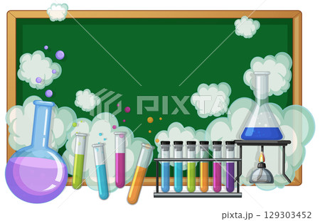 Colorful Chemistry Lab Equipment with Blackboard Background 129303452