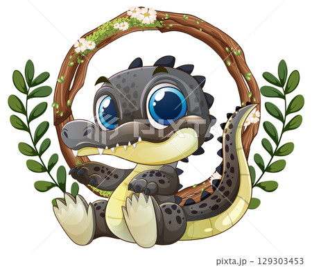 Cute Baby Crocodile in Floral Wreath 129303453
