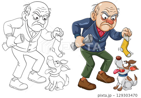 Angry Elderly Man Scolding Dog for Chewing Sock 129303470