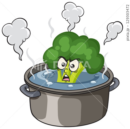 Angry Cartoon Broccoli Boiling in Steaming Pot 129303472