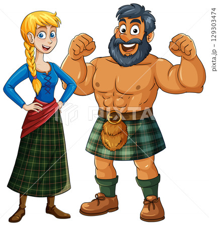 Cartoon Scottish Man and Woman in Traditional Kilts 129303474