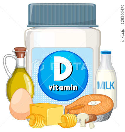 Vitamin D Sources with Supplement Bottle and Food Icons 129303479