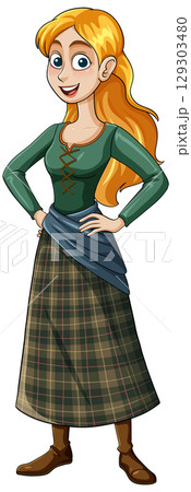 Smiling Woman in Traditional Plaid Skirt and Green Top Smiling Woman in Traditional Plaid Skirt and Green Top 129303480