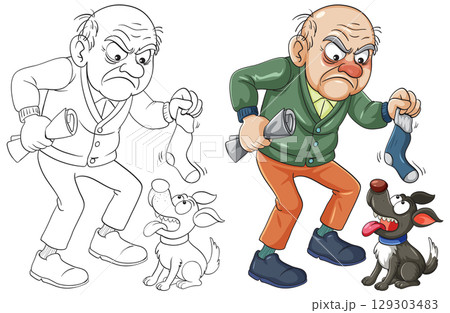Angry Elderly Man Scolding Dog With Stolen Sock 129303483