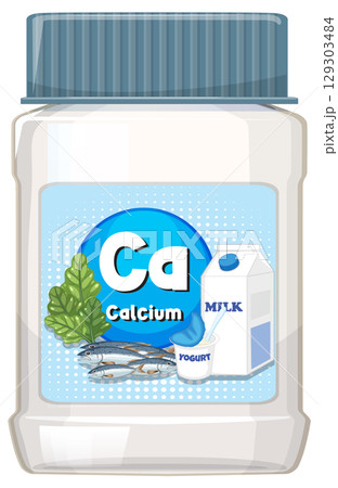Calcium Supplement Bottle with Dairy and Leafy Greens 129303484