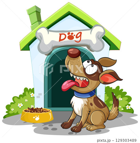 Cartoon Dog Sitting Happily Outside Doghouse 129303489