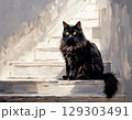 白い屋外の階段で静かに座る長毛の黒猫を描いた光と影の印象的なイラスト 129303491