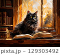 古い図書館の窓辺で本の上にたたずむ長毛の黒猫のクラシックなイラスト 129303492