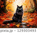 紅葉の落ち葉に包まれた石畳の道でたたずむ長毛の黒猫の秋らしいイラスト 129303493