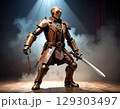 スチームパンク風の木製剣士ロボットと舞台上の煙の演出 129303497