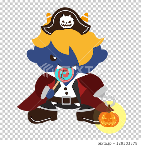 Illustration of a blue demon dressed as a pirate eating candy while sitting in a Yankee position Illustration of a blue demon dressed as a pirate eating candy while sitting in a Yankee position 129303579