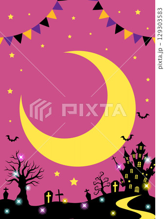 ハロウィン背景、旗、キラキラ、三日月、紫、縦 129303583