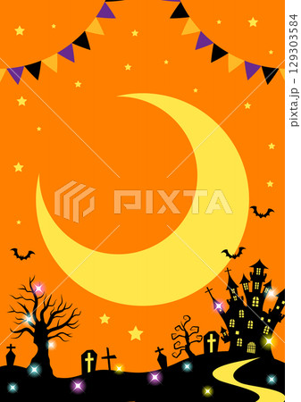 ハロウィン背景、旗、キラキラ、三日月、オレンジ、縦	 129303584