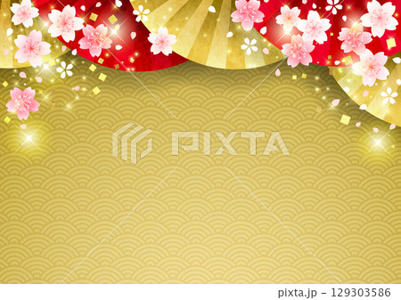扇子に桜の和風背景、横、金、かわいい、イラスト、青海波 129303586