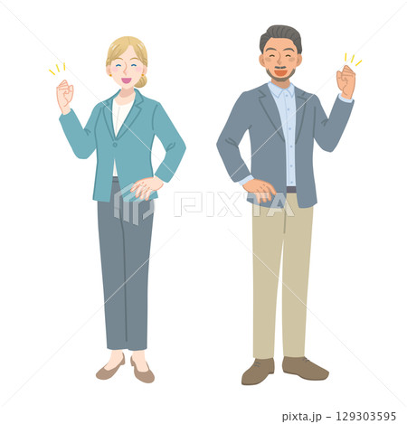 笑顔で応援するスーツを着た外国人の男女 129303595