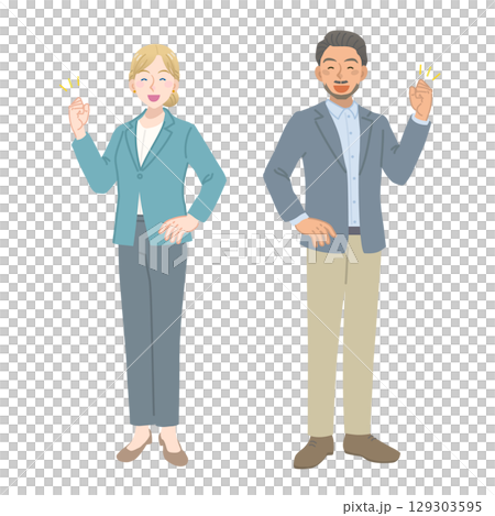 笑顔で応援するスーツを着た外国人の男女 129303595