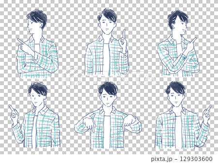 様々な方向へ指差しをする若い男性セット 129303600