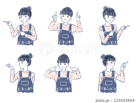 様々な方向へ指差しをする女の子セット 129303604