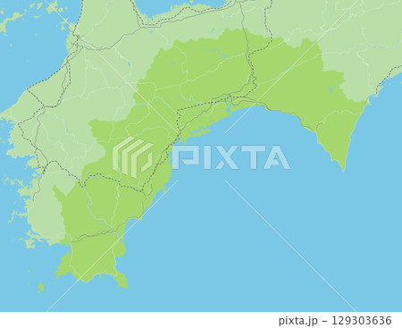 日本の高知県と隣接する都道府県を含む、緑色のシンプルなロードマップ 日本の高知県と隣接する都道府県を含む、緑色のシンプルなロードマップ 129303636