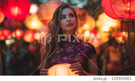 女性が提灯を手に夜祭の風景を静かに見上げる 129303801