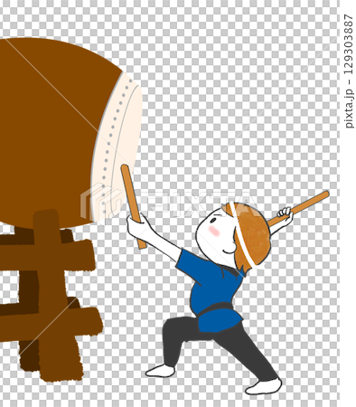 A boy playing a Japanese drum from the side 129303887