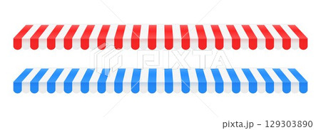 Striped shop tent design set. Store window awning collection. Cafe or restaurant roof canopy pack. Red and blue stall market place shed cover. Repeating stripe sunshade design. Vector 129303890