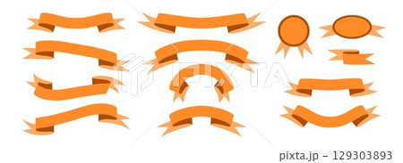Orange ribbon banner set. Wavy and curved ribbons collection for emblem, sticker, advertising, poster, promotion, frame. Vintage label tag element bundle for graphic design template. Vector 129303893