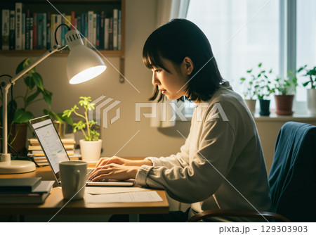 リモートワークで集中して作業をする若い女性 129303903