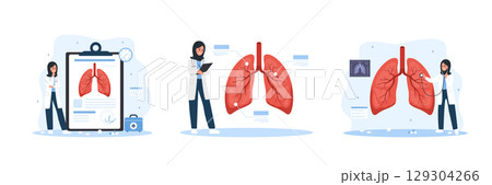Pulmonologist concept. Arab Female doctor examination Respiratory system disease. Set of Vector illustrations in flat cartoon style Pulmonologist concept. Arab Female doctor examination Respiratory system disease. Set of Vector illustrations in flat cartoon style 129304266