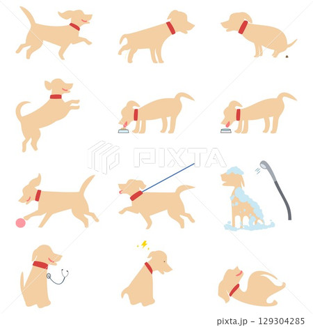 犬の日常生活 – 12のシーンを描いたかわいい犬のアイコンセット（フラットスタイル） 129304285