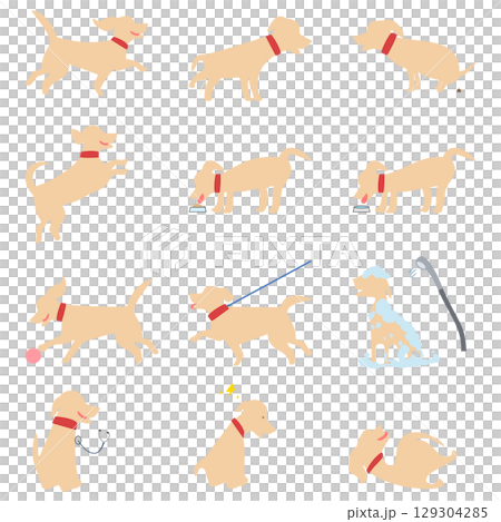 犬の日常生活 – 12のシーンを描いたかわいい犬のアイコンセット（フラットスタイル） 129304285