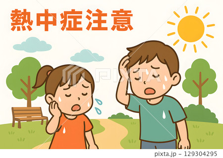 熱中症注意を公園で呼びかけるポスター。汗をかいた子ども2人のイラスト 129304295