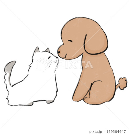 向き合って鼻で挨拶する犬と猫 129304447