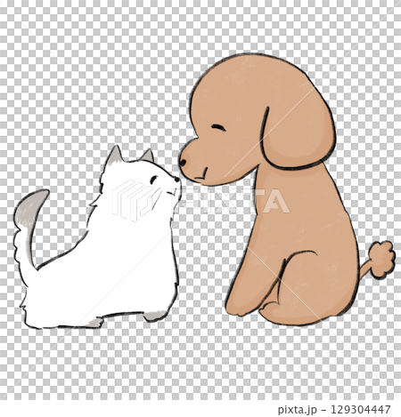 向き合って鼻で挨拶する犬と猫 129304447