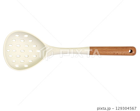 Slotted cooking spoon with cream-colored head and wooden handle, isolated on white background 129304567