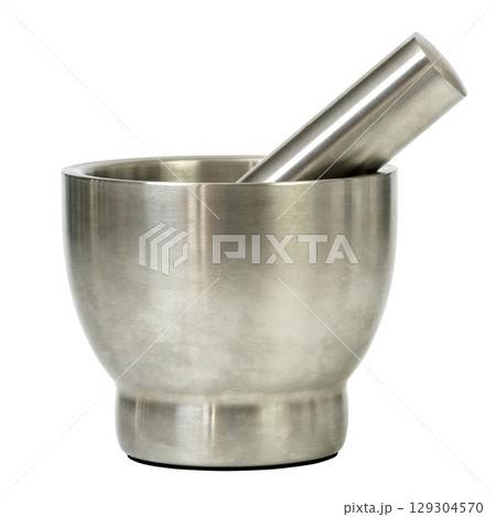 Stainless steel mortar and pestle set isolated on white background 129304570