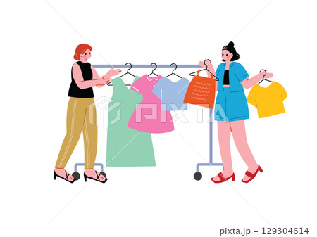 ショップ店員と相談しながら買い物する女性客 129304614