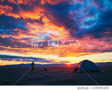 Vibrant Sunset Over a Camping Site with Colorful Clouds Vibrant Sunset Over a Camping Site with Colorful Clouds 129305285