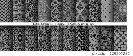 Geometric floral set of seamless patterns. Gray and black vector backgrounds. Damask graphic ornaments 129305286
