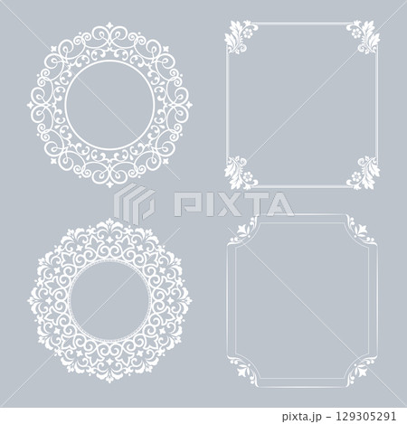 Set of decorative frames Elegant vector element for design in Eastern style, place for text. Floral gray and white borders. Lace illustration for invitations and greeting cards Set of decorative frames Elegant vector element for design in Eastern style, place for text. Floral gray and white borders. Lace illustration for invitations and greeting cards 129305291