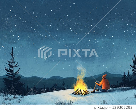 Stargazing Around a Campfire Under a Brilliant Night Sky Stargazing Around a Campfire Under a Brilliant Night Sky 129305292