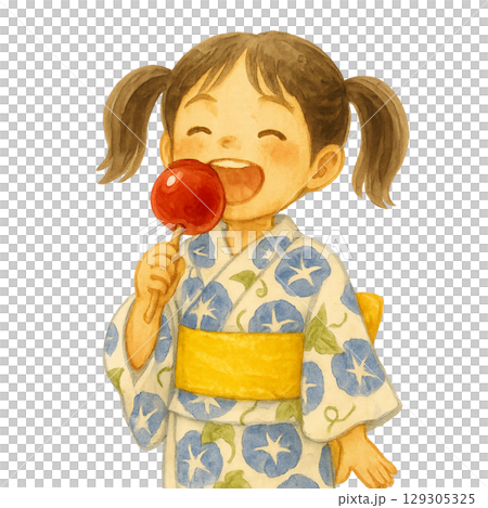 夏祭り、浴衣姿の女の子がりんご飴を美味しそうに食べる水彩イラスト 129305325