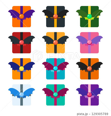 12種類のハロウィンギフトボックスアイコン - かわいいかぼちゃリボン付きプレゼントセット 12種類のハロウィンギフトボックスアイコン - かわいいかぼちゃリボン付きプレゼントセット 129305789